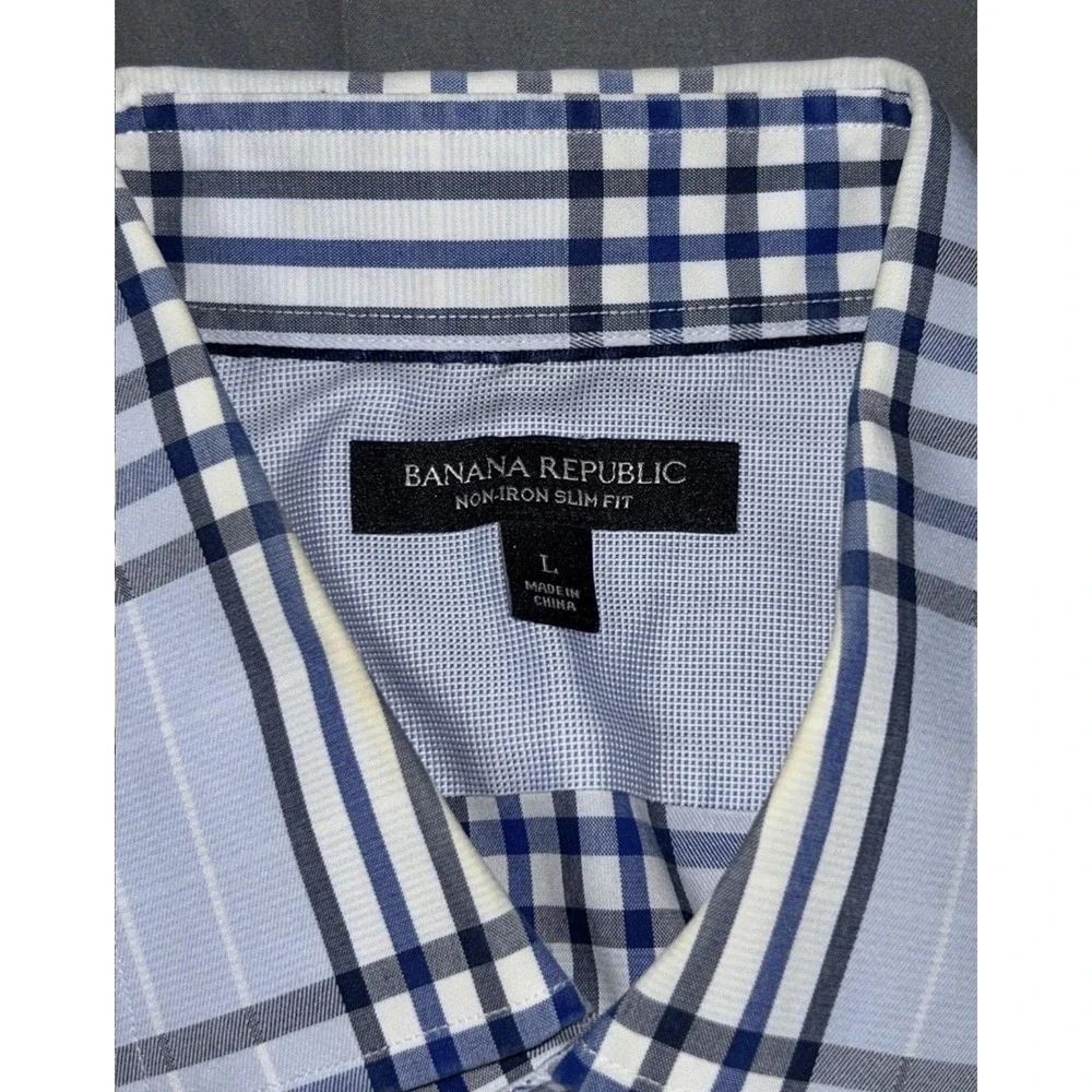 Banana Republic Dress Shirt Mens L Blue Plaid Slim Fit Non Iron Long Sleeve